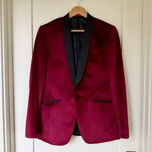 Dobell maroon velvet dinner jacket — Black satin trim & lining — UK 38 (US 38)